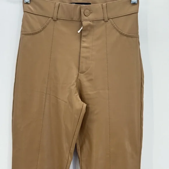 Zara Camel High-Waisted Faux Leather Flare Pants Chic Retro Wide Leg Trousers-XS - Picture 8 of 14